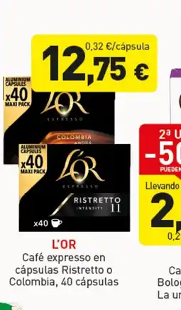 Hiperber L'OR Café expresso en cápsulas Ristretto o Colombia, 40 cápsulas oferta