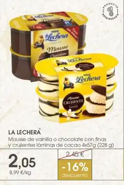 Supermercados Plaza LA LECHERA Mousse de vainilla o chocolate con finas y crujientes láminas de cacao oferta