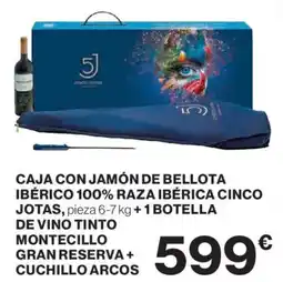 Hipercor Caja con jamón de bellota ibérico 100% raza ibérica cinco jotas de vino tinto montecillo gran reserva + cuchillo arcos oferta