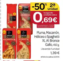 Supermercados El Jamón GALLO Pluma, Macarrón, Hélices o Spaghetti XL Al Bronce oferta