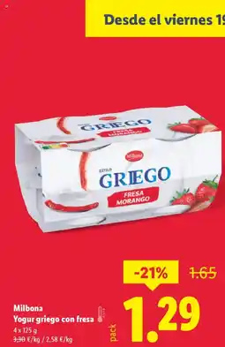 Lidl MILBONA Yogur griego con fresa oferta