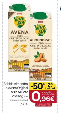 Supermercados El Jamón VIVESOY Bebida Almendra o Avena Original o sin Azúcar oferta