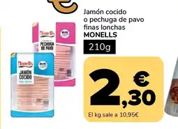 Supeco MONELLS Jamón cocido o pechuga de pavo finas lonchas oferta