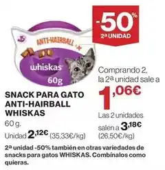 Hipercor Whiskas - snack para gato anti-hairball oferta