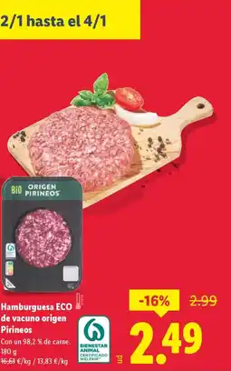 Lidl Hamburguesa ECO de vacuno origen Pirineos oferta