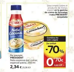 Caprabo PRÉSIDENT Nata espessa per cuinar, especial pasta oferta
