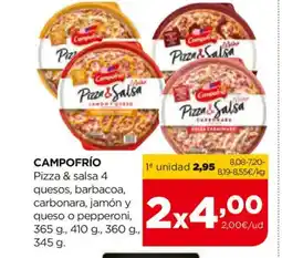 Alimerka CAMPOFRÍO Pizza & salsa 4 quesos, barbacoa, carbonara, jamón y queso o pepperoni oferta