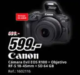 MediaMarkt CANON Cámara Evil EOS R100+ Objetivo RF-S 18-45mm + SD 64 GB oferta