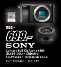MediaMarkt SONY Cámara Evil Kit Alpha 6100 (ILCE6100L) Objetivo SELP16502+ Tarjeta SD 64GB oferta