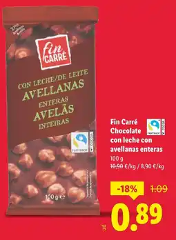 Lidl FIN CARRE Chocolate con leche con avellanas enteras oferta