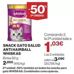 Hipercor Whiskas - snack gato salud anti hairball oferta