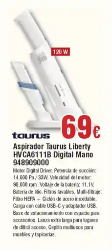 Hiper FROIZ TAURUS Aspirador Taurus Liberty HVCA6111B Digital Mano oferta