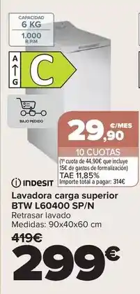 Carrefour Indesit - lavadora carga superior btw l60400 sp/n oferta