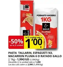 Supermercados MAS Gallo - pasta tallarin, espagueti n3, macarron pluma 6 o rayado oferta