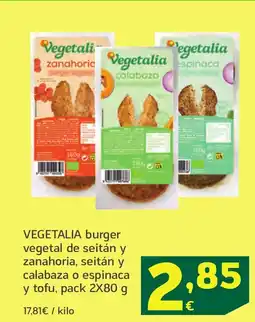 HiperDino VEGETALIA burger vegetal de seitán y zanahoria, seitán y calabaza o espinaca y tofu, oferta