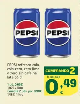 HiperDino PEPSI refresco cola, cola zero, zero lima o zero sin cafeína, oferta