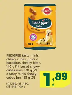 HiperDino PEDIGREE tasty minis chewy cubes junior o bocaditos cheesy bites, bocad chewy cubes aves, o tasty minis chewy cubes jun oferta