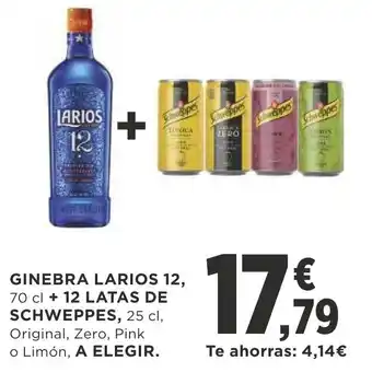 Supercor Larios 12 Ginebra 70cl + 12 Latas De Schweppes 25cl, A Elegir oferta