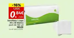 Maskom Supermercados SELEX Servilleta 1 capa 30 x 30 blanca oferta