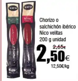 FROIZ Chorizo o salchichón ibérico Nico velitas oferta
