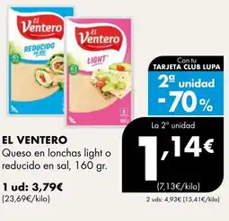 Supermercados Lupa EL VENTERO Queso en lonchas light o reducido en sal oferta