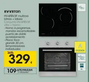 Eroski Conjunto hv-6fbv3f vitro + horno. horno 6 programas, mandos escamoteable, puerta de doble acristalamiento, placa foco grande oferta