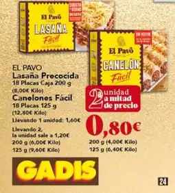 Gadis EL PAVO Lasaña Precocida 18 Placas Caja Canelones Fácil oferta