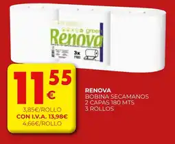 CashDiplo RENOVA Bobina secamanos 2 capas 180 mts 3 rollos oferta