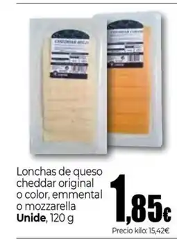 Unide Supermercados UNIDE Lonchas de queso cheddar original o color, emmental o mozzarella= oferta