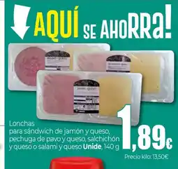 Unide Supermercados UNID Lonchas para sándwich de jamón y queso, pechuga de pavo y queso, salchichón y queso o salami y queso oferta