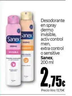 Unide Supermercados SANEX Desodorante en spray dermo invisible, activ control men, extra control o sensitive oferta