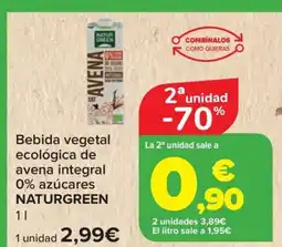 Carrefour NATURGREEN Bebida vegetal ecológica de avena integral 0% azúcares oferta
