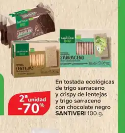 Carrefour SANTIVERI En tostada ecológicas de trigo sarraceno y crispy de lentejas y trigo sarraceno con chocolate negro oferta
