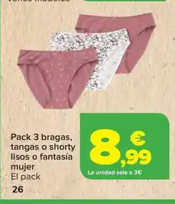 Carrefour Pack 3 bragas, tangas o shorty lisos o fantasía mujer oferta