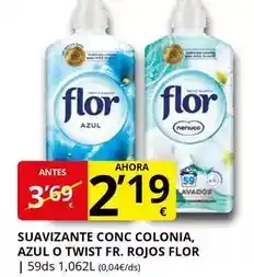 Supermercados MAS Flor - suavizante conc colonia, azul o twist fr. rojos oferta