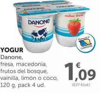 SPAR Yogur Danone Fresa Macedonia Frutos Del Bosque Vainilla Limón O Coco 120 G Pack 4 Ud. oferta