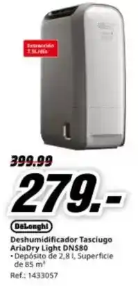 MediaMarkt Delonghi - deshumidificador tasciugo ariadry light dns80 oferta