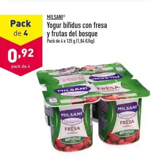ALDI Milsani Yogur bífidus con fresa y frutas del bosque Pack de 4 x 125g oferta