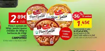 CAMPOFRIO Pizza 4 quesos de 365gr, jamón/queso cheddar