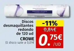 Maskom Supermercados CROWE Discos desmaquillantes redondo de 120 ud oferta