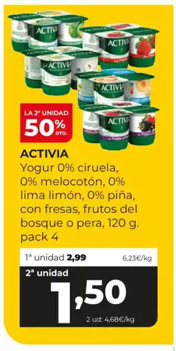 Alimerka ACTIVIA Yogur 0% ciruela, 0% melocotón, 0% lima limón, 0% piña, con fresas, frutos del bosque o pera oferta