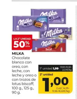 Alimerka MILKA Chocolate blanco con oreo, con leche, con leche y oreo o con trozos de lotus biscoff oferta
