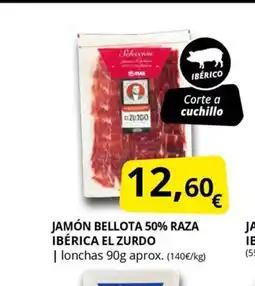 Supermercados MAS EL ZURDO Jamón bellota 50% raza ibérica oferta