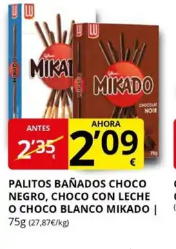 Supermercados MAS MIKADO Palitos bañados choco negro, choco con leche o choco blanco oferta