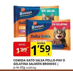 Supermercados MAS BREKKIES Comida gato salsa pollo-pav o gelatina salmón oferta