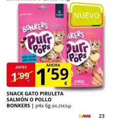 Supermercados MAS BONKERS Snack gato piruleta salmón o pollo oferta