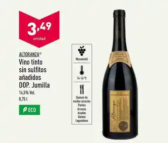ALDI Altoranza Vino Tinto Sin Sulfitos Añadidos Dop Jumilla oferta