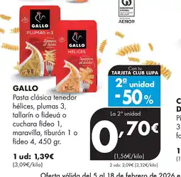 Supermercados Lupa GALLO Pasta clásica tenedor hélices, plumas 3, tallarín o fideuá o cuchara fideo oferta