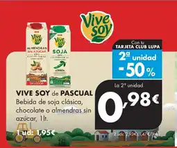 Supermercados Lupa VIVE SOY de PASCUAL Bebida de soja clásica, chocolate o almendras sin azúcar oferta