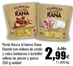FROIZ RANA Pasta fresca al huevo Ravioli con relleno de cerdo y salsa barbacoa o tortellini rellena de jamón y queso oferta